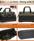 17 Inch Wide Mouth Tool Bag With Waterproof Molded Base, interior pockets, top handles, and exterior view