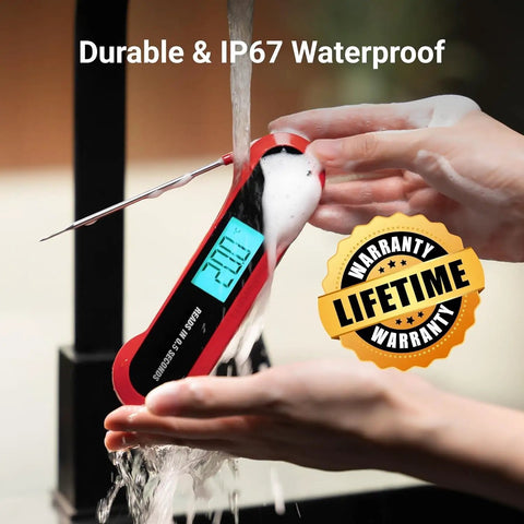 3X Faster 0.5 Second Instant Read Meat Thermometer being washed under water, showcasing IP67 waterproof feature, focus on durability.