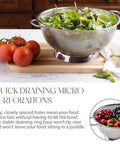 5 Quart Stainless Steel Colander With Handle For Beastly Fast Draining Fine Micro Perforations in kitchen with vegetables