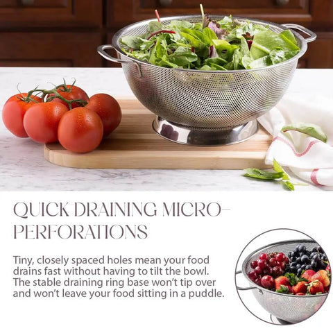 5 Quart Stainless Steel Colander With Handle For Beastly Fast Draining Fine Micro Perforations in kitchen with vegetables