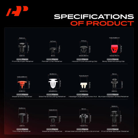 Specifications of Honda CR-V 2002-2011 Grab-and-Go 230 Piece Car Body Must-Have Fastener Kit With Removal Tool And 23 Sizes