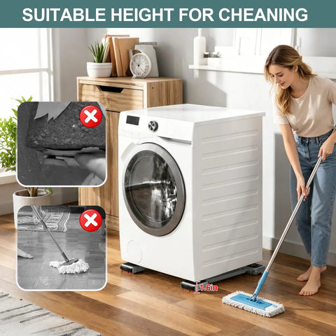 Woman cleaning floor around washer on Heavy Duty Appliance Rollers With Extendable Sliders Swivel Wheels Anti Slip Feet For Moving Washers Dryers Furniture Refrigerators Base Stand Lever Tool Easy Mobility.