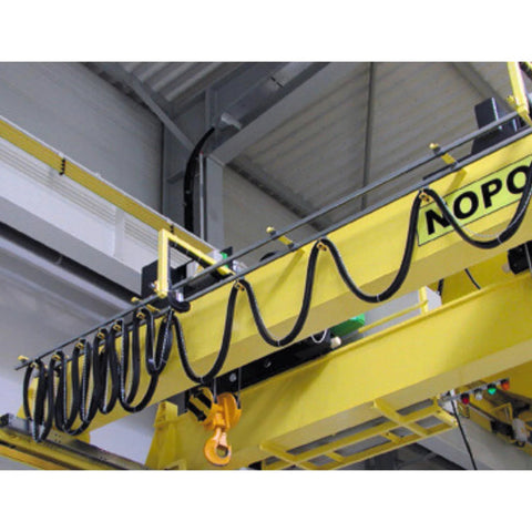 Festoon system with 80 ft flat cable; black coiled wires and orange hook on a yellow overhead crane.