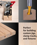 No Nonsense T Slot Router Bit For Slick T Track Cuts With Hella Durable Tungsten Carbide Tip Half Inch Shank And Diameter shown cutting T tracks.