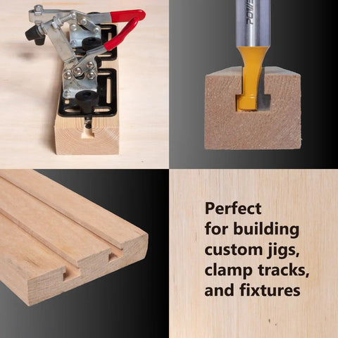 No Nonsense T Slot Router Bit For Slick T Track Cuts With Hella Durable Tungsten Carbide Tip Half Inch Shank And Diameter shown cutting T tracks.
