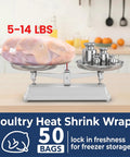 Pro Grade Poultry Shrink Wrap Bags Kit With Fifty Food Grade Vacuum Sealing Sacks Heat Resistant Zip Ties Silicone Straws And Labels No Hassle Chicken Storage Gear That Locks In Flavor And Slays Freezer Burn At 13 X 18 Size displayed on a scale weighing 5-14 lbs of chicken.