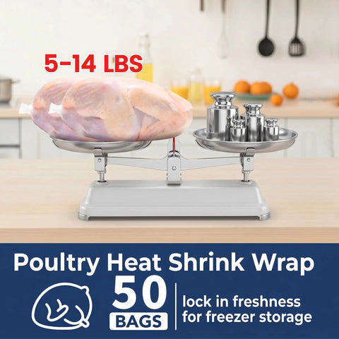 Pro Grade Poultry Shrink Wrap Bags Kit With Fifty Food Grade Vacuum Sealing Sacks Heat Resistant Zip Ties Silicone Straws And Labels No Hassle Chicken Storage Gear That Locks In Flavor And Slays Freezer Burn At 13 X 18 Size displayed on a scale weighing 5-14 lbs of chicken.