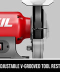 Heavy Duty Eight Inch Bench Grinder Equipped With A Kickass Three Point Zero Amp Motor And Bright Led Work Light Paired With Nifty Water Cooling Tray For Effortless Metal Sharpening Tasks showing adjustable V-grooved tool rests.