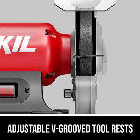 Heavy Duty Eight Inch Bench Grinder Equipped With A Kickass Three Point Zero Amp Motor And Bright Led Work Light Paired With Nifty Water Cooling Tray For Effortless Metal Sharpening Tasks showing adjustable V-grooved tool rests.