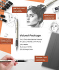0.7mm Art Mechanical Pencil Set With Storage Case, 3 Metal Drafting Pencils, 6 Tubes HB Lead Refills 24 Leads Each, 3 Erasers, 9 Eraser Refills, Great For Artists, Writing, Drawing And Sketching displayed with diagrams and details in a creative setup.