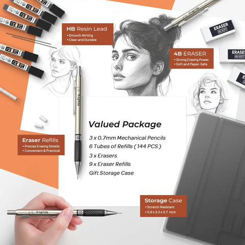 0.7mm Art Mechanical Pencil Set With Storage Case, 3 Metal Drafting Pencils, 6 Tubes HB Lead Refills 24 Leads Each, 3 Erasers, 9 Eraser Refills, Great For Artists, Writing, Drawing And Sketching displayed with diagrams and details in a creative setup.
