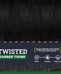 Close-up of twisted black tarred twine, labeled for outdoor utility, featuring safety, durability, and ease of use.