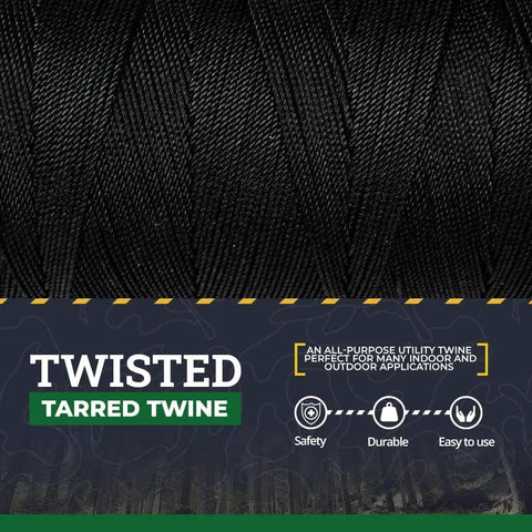 Close-up of twisted black tarred twine, labeled for outdoor utility, featuring safety, durability, and ease of use.