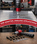 Huge Deal Cordless Drill Rivet Nut Tool Adapter Kit With Quick Change Nutsert Set For Metalworking And Automotive DIY Projects That Make Heavy Jobs Super Easy. red metal adapter kit with drill, mandrels, nuts, and wrench on workbench