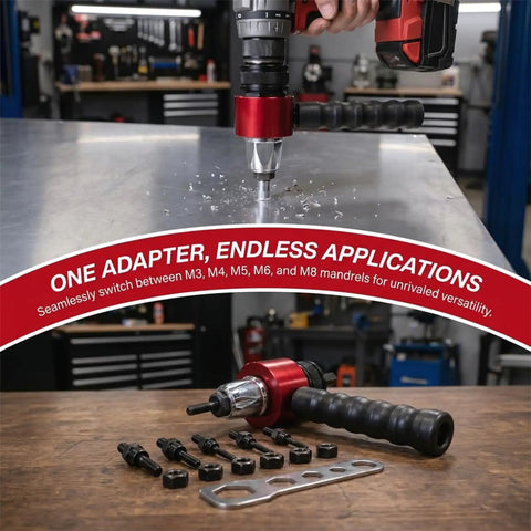Huge Deal Cordless Drill Rivet Nut Tool Adapter Kit With Quick Change Nutsert Set For Metalworking And Automotive DIY Projects That Make Heavy Jobs Super Easy. red metal adapter kit with drill, mandrels, nuts, and wrench on workbench