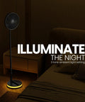All In One Portable Battery Powered Fan For Travel And Camping With Four Speed Modes Remote And Carry Case USB C Power Bank Oscillates 120 Degrees And Rotates 180 Degrees Lightweight And Durable For RV And Outdoor On The Go Your Go To Travel Setup standing in a dimly lit room with ambient light setting.