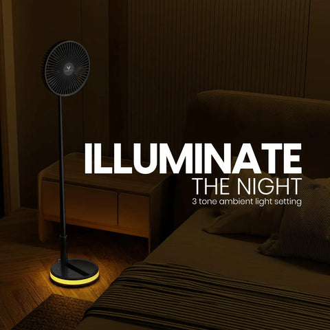 All In One Portable Battery Powered Fan For Travel And Camping With Four Speed Modes Remote And Carry Case USB C Power Bank Oscillates 120 Degrees And Rotates 180 Degrees Lightweight And Durable For RV And Outdoor On The Go Your Go To Travel Setup standing in a dimly lit room with ambient light setting.