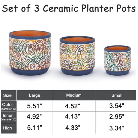 Three Piece Ceramic Plant Pots Set With Drainage Holes, 5.7 4.7 3.5 Inch, Dope Modern Blue Indoor Outdoor Planters for Lilies