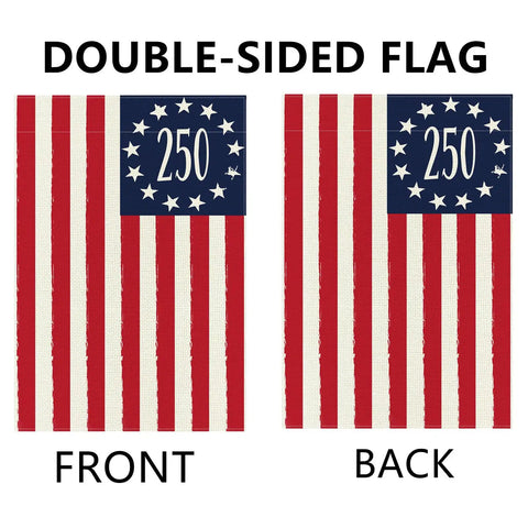 Double-sided 250th USA Patriotic Garden Flag for outdoor decor showcasing stripes and stars design, front and back view.