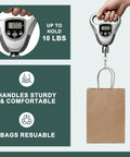 Hand holding scale with 10 lb reading, weighing Small Brown Kraft Gift Bags With Handles Five And A Quarter By Three And Three Quarter By Eight Inches 50 Pcs Heavy Duty 100 GSM Kraft Paper Great For Small Biz Gift Wrapping Party Favors Birthday Bags Shopping Made In USA