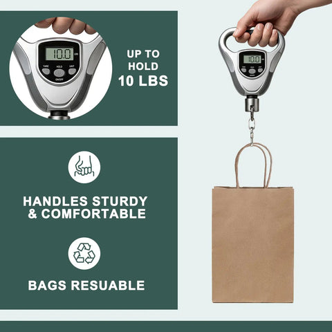 Hand holding scale with 10 lb reading, weighing Small Brown Kraft Gift Bags With Handles Five And A Quarter By Three And Three Quarter By Eight Inches 50 Pcs Heavy Duty 100 GSM Kraft Paper Great For Small Biz Gift Wrapping Party Favors Birthday Bags Shopping Made In USA