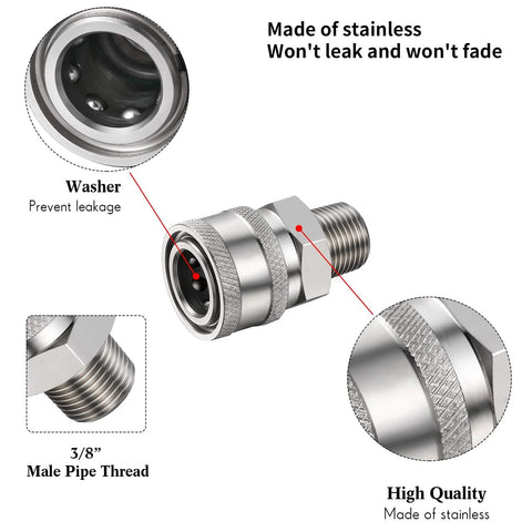 Side view of Shimeyao stainless 1/4-inch pressure washer quick-connect coupler with 3/8-inch male thread and washer.