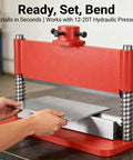 Person using Heavy Duty Press Brake Attachment For 12 To 20 Ton Hydraulic Shop Presses With 12 Inch Bending Length And 3 Sixteenth Inch Thickness Capacity Dual Spring Design on metal sheet in workshop.