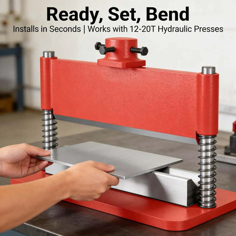 Person using Heavy Duty Press Brake Attachment For 12 To 20 Ton Hydraulic Shop Presses With 12 Inch Bending Length And 3 Sixteenth Inch Thickness Capacity Dual Spring Design on metal sheet in workshop.