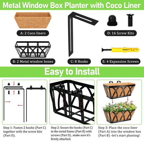 Assembly instructions for Two Pack 16 Inch Metal Railing Planters With Coco Liners Adjustable Window Box Flower Planters.