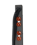 Close-up of Heavy Duty Hard Wired Power Strip With Twenty 20 Amp Outlets showing three outlets and flexible conduit.