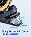 Detail view of yellow Battery Powered Clip On Car Fan For Visor And Back Seat with anti-slip silicone grip feature.