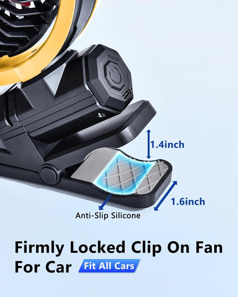 Detail view of yellow Battery Powered Clip On Car Fan For Visor And Back Seat with anti-slip silicone grip feature.
