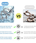 Comparison of 304 Stainless Steel Bow D Ring Shackles with competitors, highlighting durability and resistance against rust, with visual elements of shackles in water.