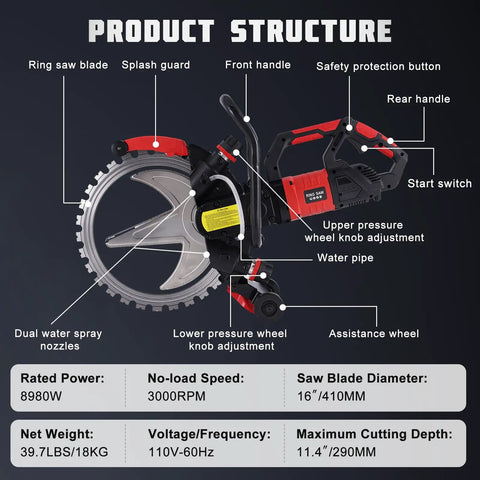 Yuchengtech 16 Inch Ring Saw 8980W Toroidal Electric Concrete Cutter With Wet Cutting System and 2 Blades showing detailed structure and components.