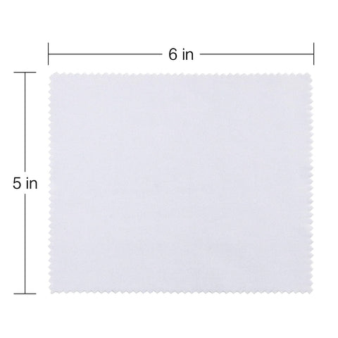 Front view: white microfiber eyeglass cleaning cloth, 5x6 inches with pinked edges.
