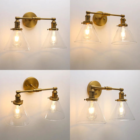 Industrial Dope Double Sconce Wall Light With Dual Seven Point Three Inch Cone Clear Glass Shades Brushed Metal Finish E26 Socket Vintage Modern Hallway Bedroom Lighting, showcasing various angles.