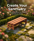 3 Piece Tiny Miniature Wooden Bench Set For Dollhouses 1 12 Scale Park Chairs Craft Wood Accessories For Fairy Gardens Photo Backdrops Bonsai Landscaping And Scenic Displays placed in a scenic garden setting with stone path and flowers.