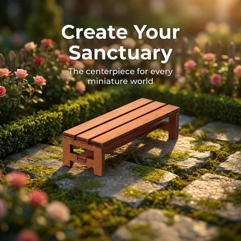 3 Piece Tiny Miniature Wooden Bench Set For Dollhouses 1 12 Scale Park Chairs Craft Wood Accessories For Fairy Gardens Photo Backdrops Bonsai Landscaping And Scenic Displays placed in a scenic garden setting with stone path and flowers.