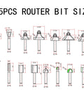 Router Bit Set Fifteen Piece One Quarter Inch Shank With Three Bearings For Woodworking DIY Kit technical drawings