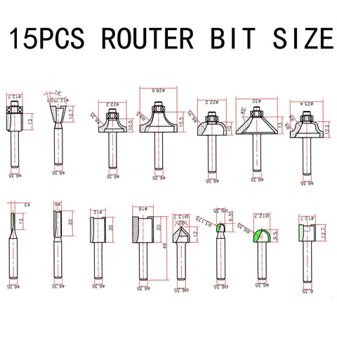 Router Bit Set Fifteen Piece One Quarter Inch Shank With Three Bearings For Woodworking DIY Kit technical drawings