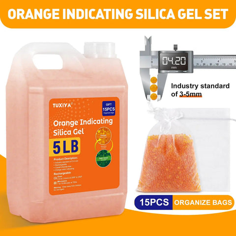 Heavy Duty 5 LBS Orange Indicating Silica Gel Desiccant Beads Reusable Moisture Absorber for closets and trunks in packaging.