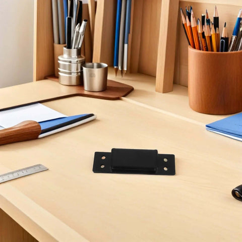 Concealed Adjustable 5 Inch Wood Door Hinge Black Square Hidden Cabinet Hinge on desk, heavy duty flush mount hardware.