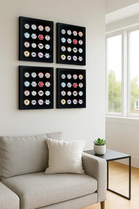 Poker Chip Display Wall Mount Or Stand Alone Frame Holds 16 Poker Chips Or Golf Ball Markers In Real Wood Finish on wall