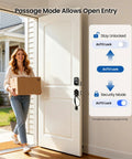 Keyless Fingerprint Door Lock With Keypad Deadbolt In Matte Black shown with a woman carrying a box, demonstrating auto lock feature.