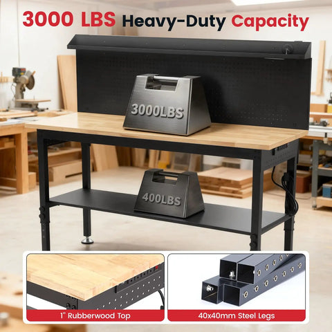 Flat Out Heavy Duty 60 Inch Workbench And Adjustable Height Stand 3000 Lbs Capacity Rubberwood Top with weights