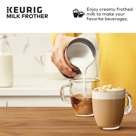 Person pouring frothed milk from standalone milk frother for non dairy milk hot and cold frothing 6 oz capacity black finish