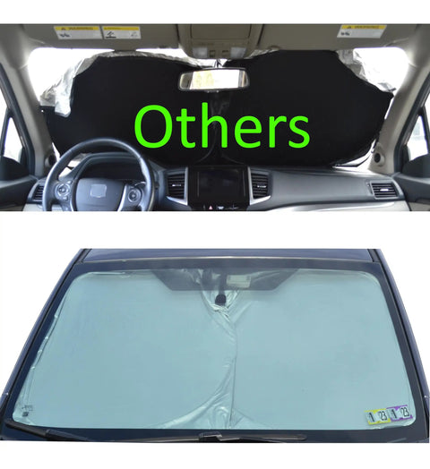Split image comparing standard vs. Retractable Windshield Sun Shade With Storage Pouch For Cars Trucks And SUVs Front Window Shield.