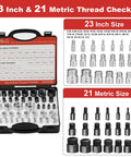 44 Piece Nut And Bolt Thread Gauge Set For Tight Spaces With Individual Thread Checkers in a foam tray showing standard and metric sizes.
