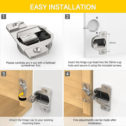 Installation steps for 2 Pack Easy Swap Replacement Cups for 110 Degree Compact 33 Hinges Self Closing Direct Replacement