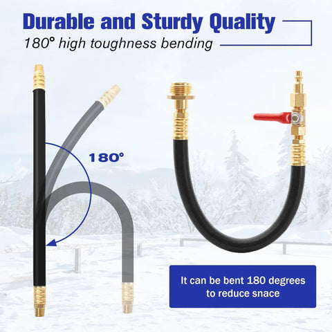 Heavy Duty RV Winterizer Kit With 16.9 Inch Water Blowout Hose And Shut Off Valve, showing 180-degree bend.